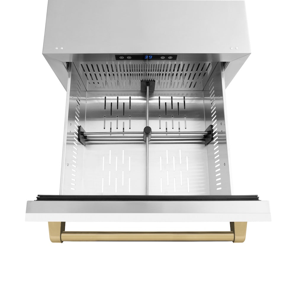 ZLINE Autograph Edition Touchstone 24-inch refrigerator in white matte and champagne bronze accents RDSOZ-WM-24-CB, detail