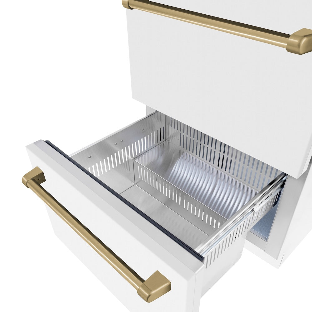 ZLINE Autograph Edition Touchstone 24-inch refrigerator in white matte and champagne bronze accents RDSOZ-WM-24-CB, detail