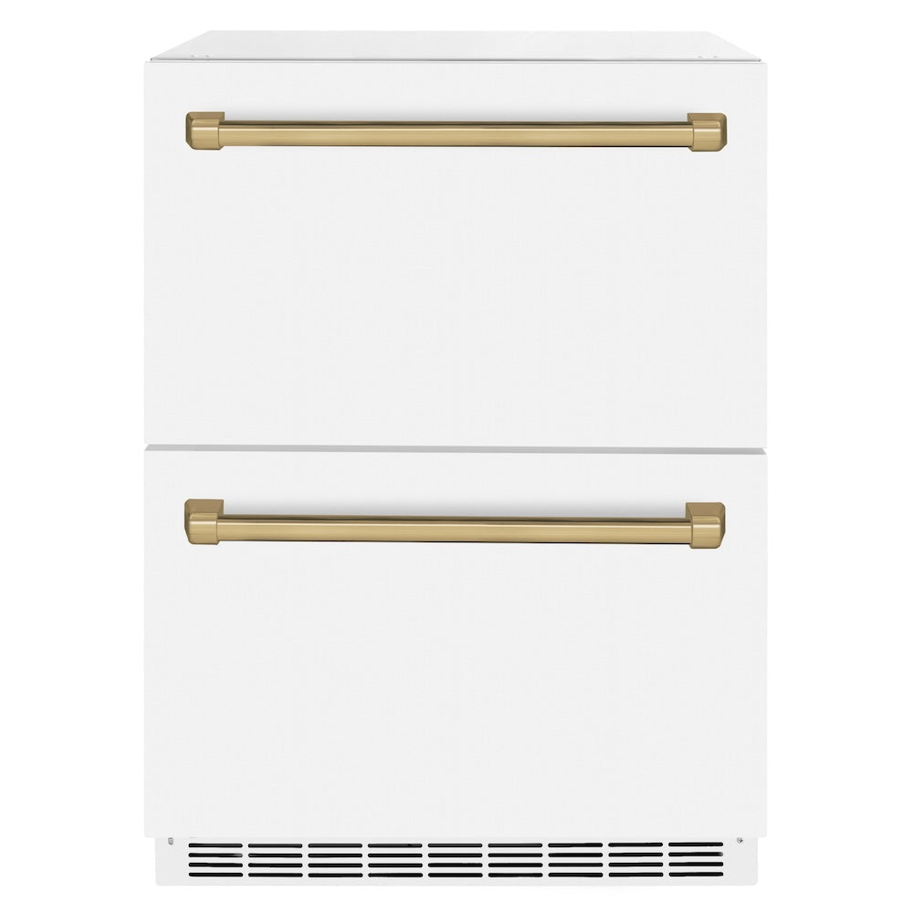 ZLINE Autograph Edition Touchstone 24-inch refrigerator in white matte and champagne bronze accents RDSOZ-WM-24-CB