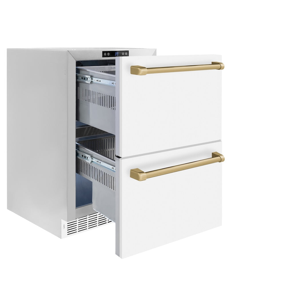 ZLINE Autograph Edition Touchstone 24-inch refrigerator in white matte and champagne bronze accents RDSOZ-WM-24-CB, door open