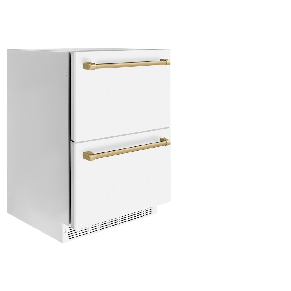 ZLINE Autograph Edition Touchstone 24-inch refrigerator in white matte and champagne bronze accents RDSOZ-WM-24-CB, side view