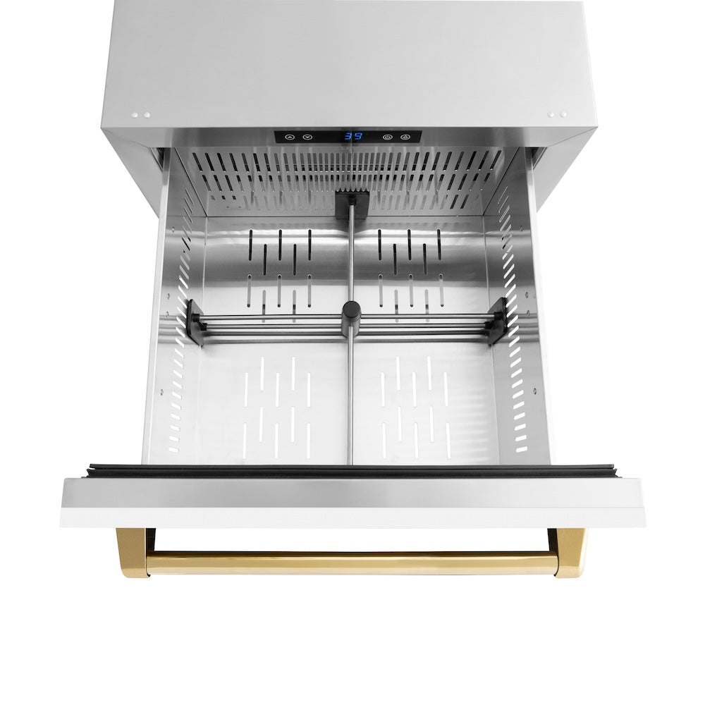 ZLINE Autograph Edition Touchstone 24-inch refrigerator in white matte and polished gold accents RDSOZ-WM-24-G, detail