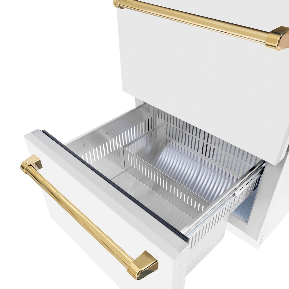ZLINE Autograph Edition Touchstone 24-inch refrigerator in white matte and polished gold accents RDSOZ-WM-24-G, detail