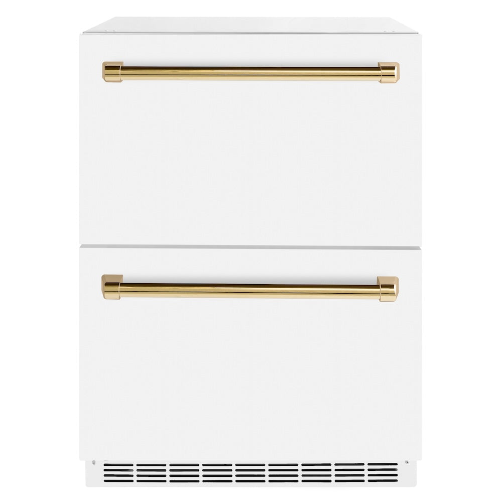 ZLINE Autograph Edition Touchstone 24-inch refrigerator in white matte and polished gold accents RDSOZ-WM-24-G