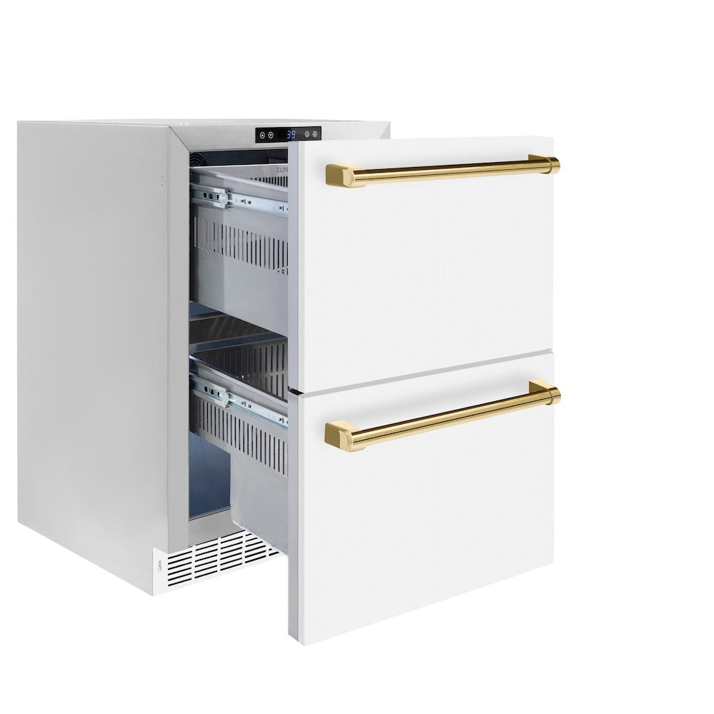 ZLINE Autograph Edition Touchstone 24-inch refrigerator in white matte and polished gold accents RDSOZ-WM-24-G, door open