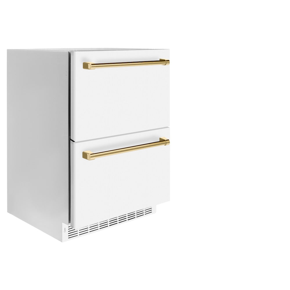 ZLINE Autograph Edition Touchstone 24-inch refrigerator in white matte and polished gold accents RDSOZ-WM-24-G, side view