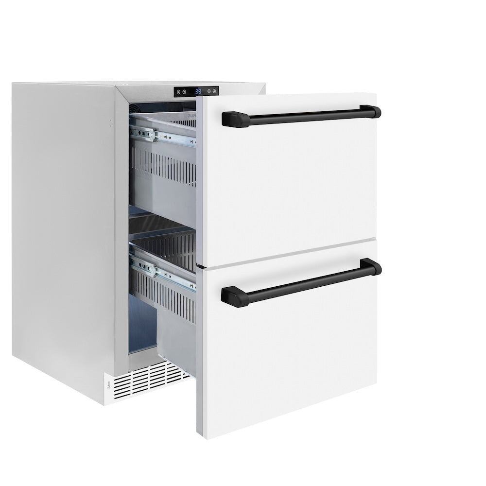 ZLINE Autograph Edition Touchstone 24-inch refrigerator in white matte and matte black accents RDSOZ-WM-24-MB, door open