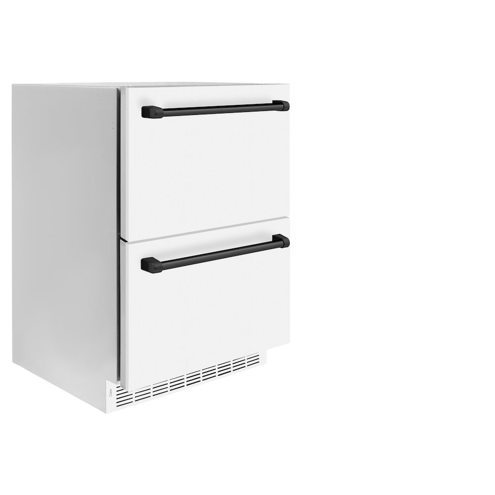 ZLINE Autograph Edition Touchstone 24-inch refrigerator in white matte and matte black accents RDSOZ-WM-24-MB, side view