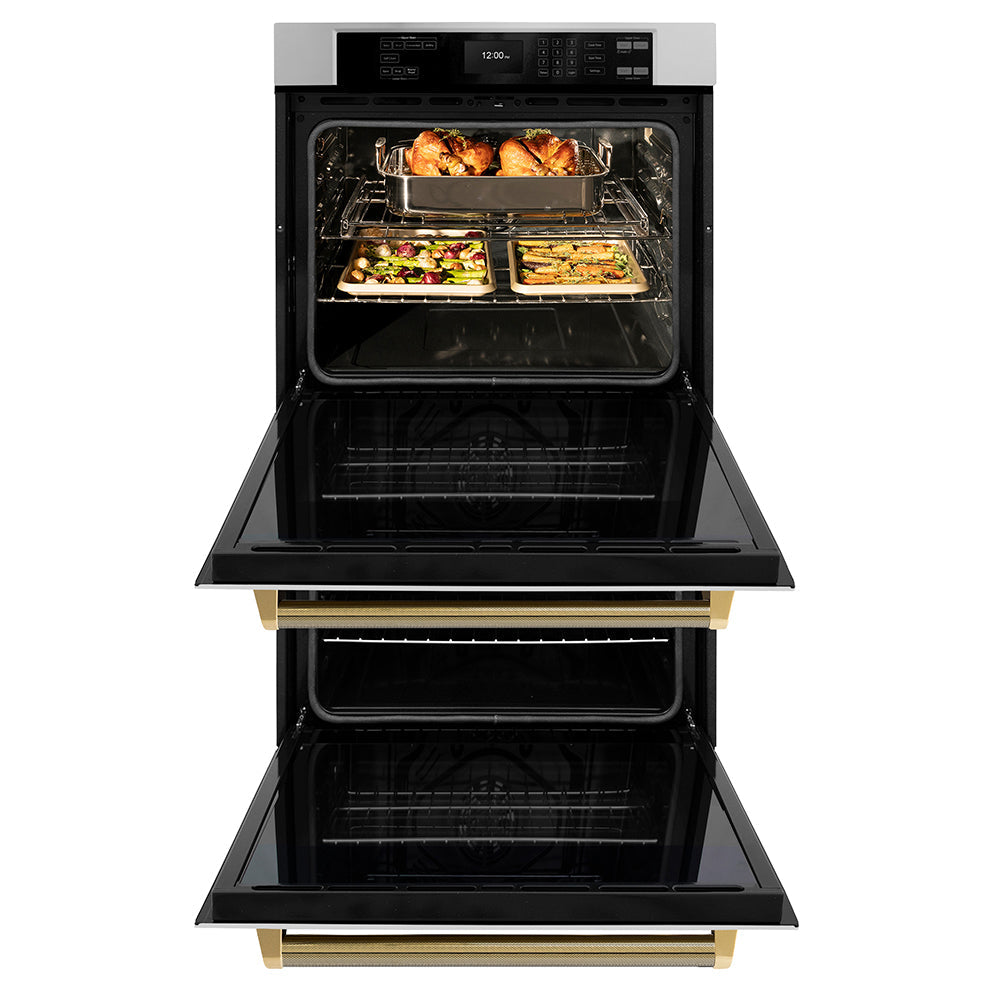 ZLINE Autograph Edition Professional 30-inch wall oven in stainless steel and polished gold accents WADZ-30-KG, front view