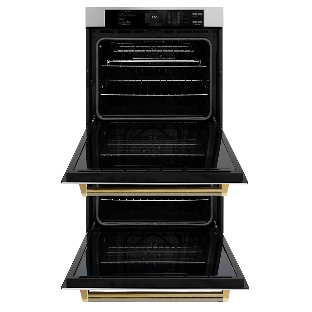 ZLINE Autograph Edition Professional 30-inch wall oven in stainless steel and polished gold accents WADZ-30-KG, front view