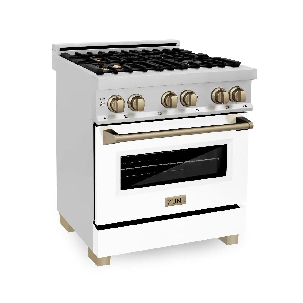 ZLINE Autograph Edition Legacy 30-inch range in stainless steel with white matte door and champagne bronze accents RAZ-WM-30-CB