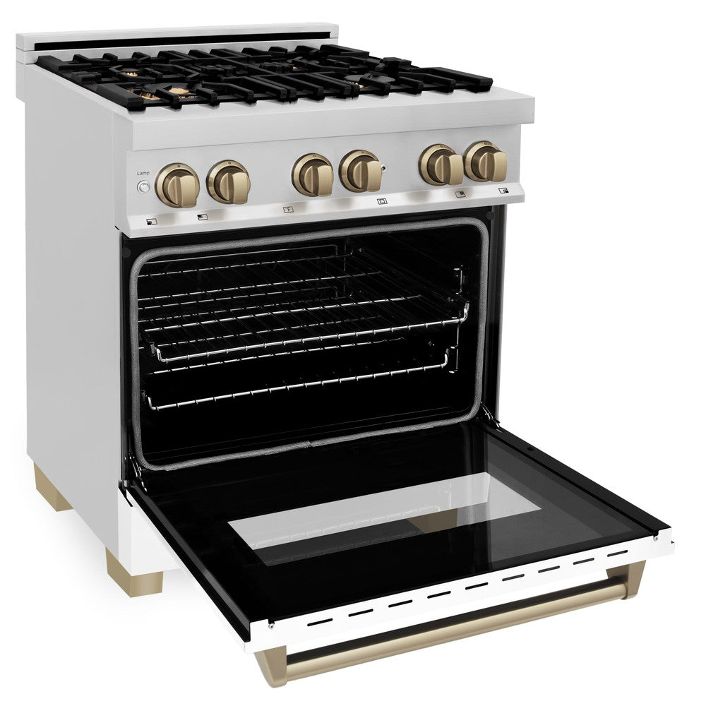 ZLINE Autograph Edition Legacy 30-inch range in stainless steel with white matte door and champagne bronze accents RAZ-WM-30-CB, door open
