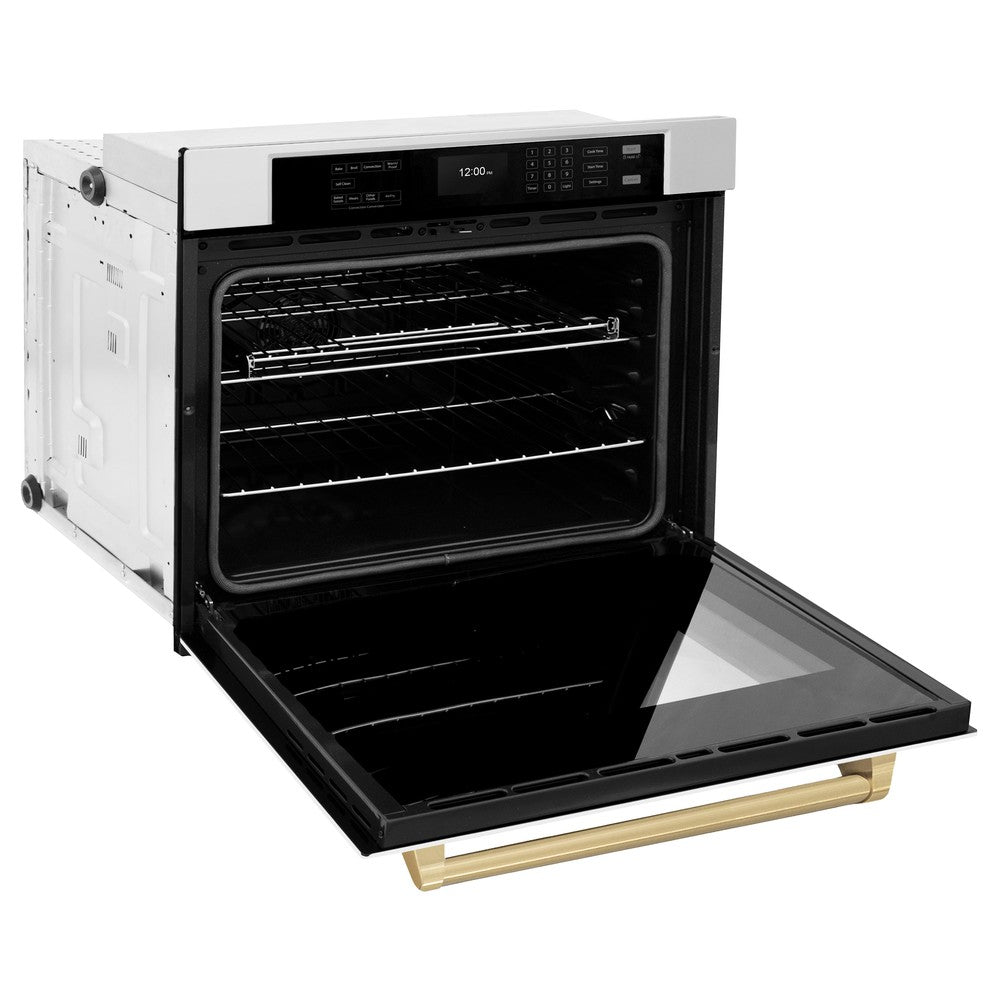ZLINE Autograph Edition Professional 30-inch wall oven in stainless steel with white matte door and champagne bronze accents WASZ-WM-30-CB, door open
