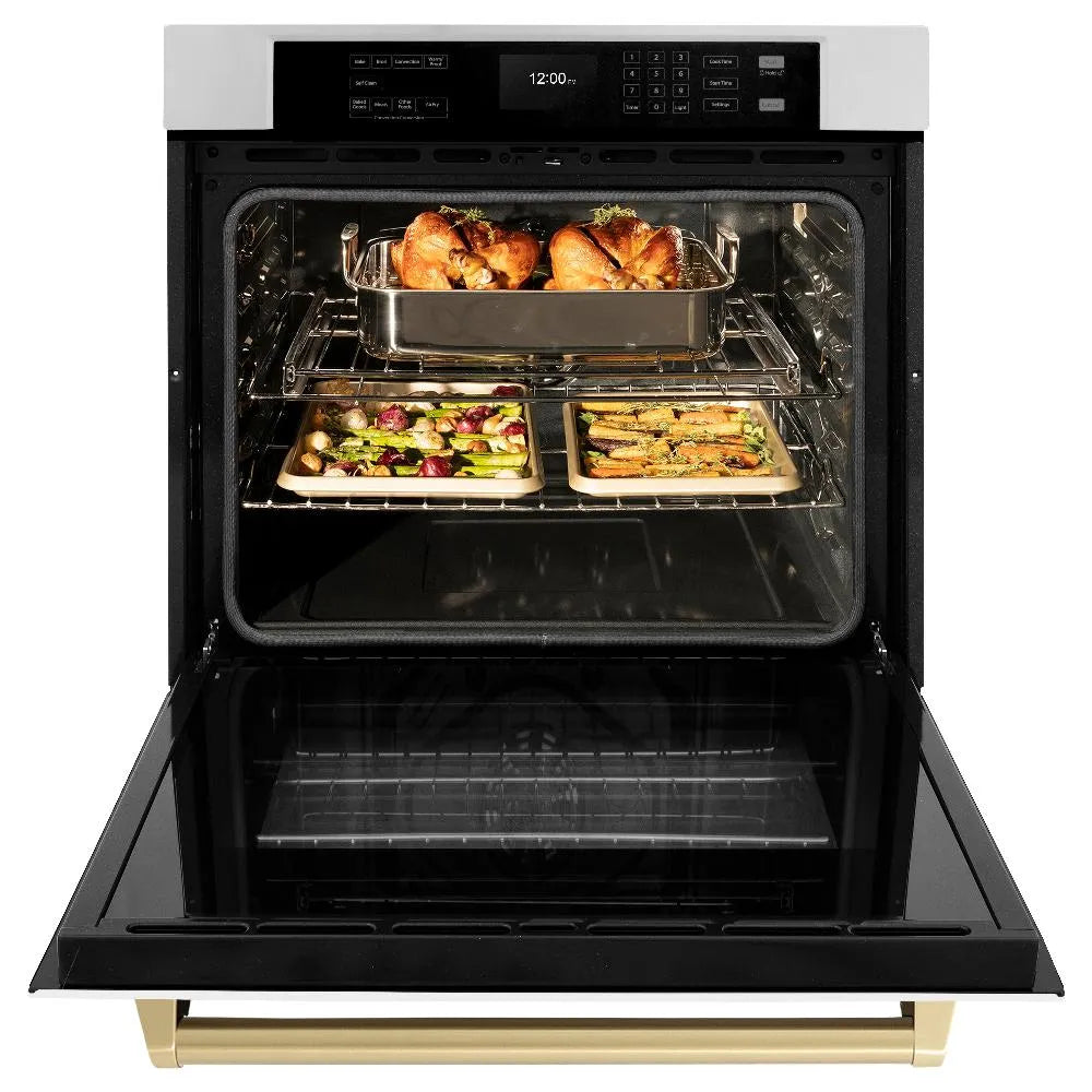 ZLINE Autograph Edition Professional 30-inch wall oven in stainless steel with white matte door and polished gold accents WASZ-WM-30-G, front view