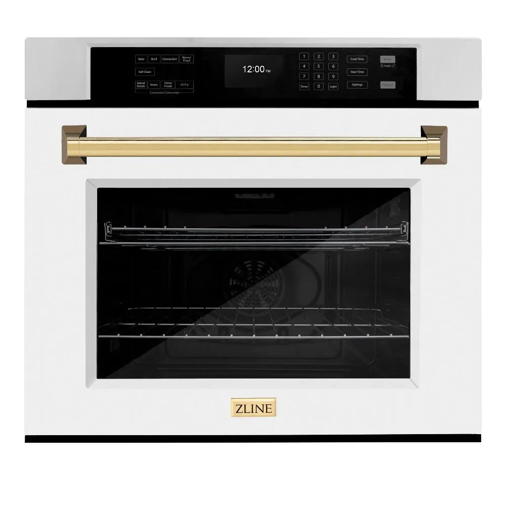 ZLINE Autograph Edition Professional 30-inch wall oven in stainless steel with white matte door and polished gold accents WASZ-WM-30-G