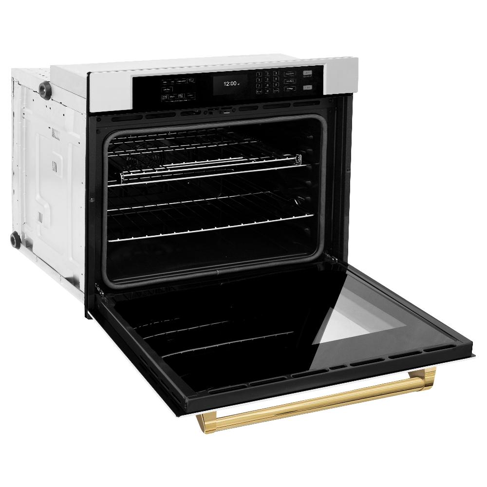 ZLINE Autograph Edition Professional 30-inch wall oven in stainless steel with white matte door and polished gold accents WASZ-WM-30-G, door open