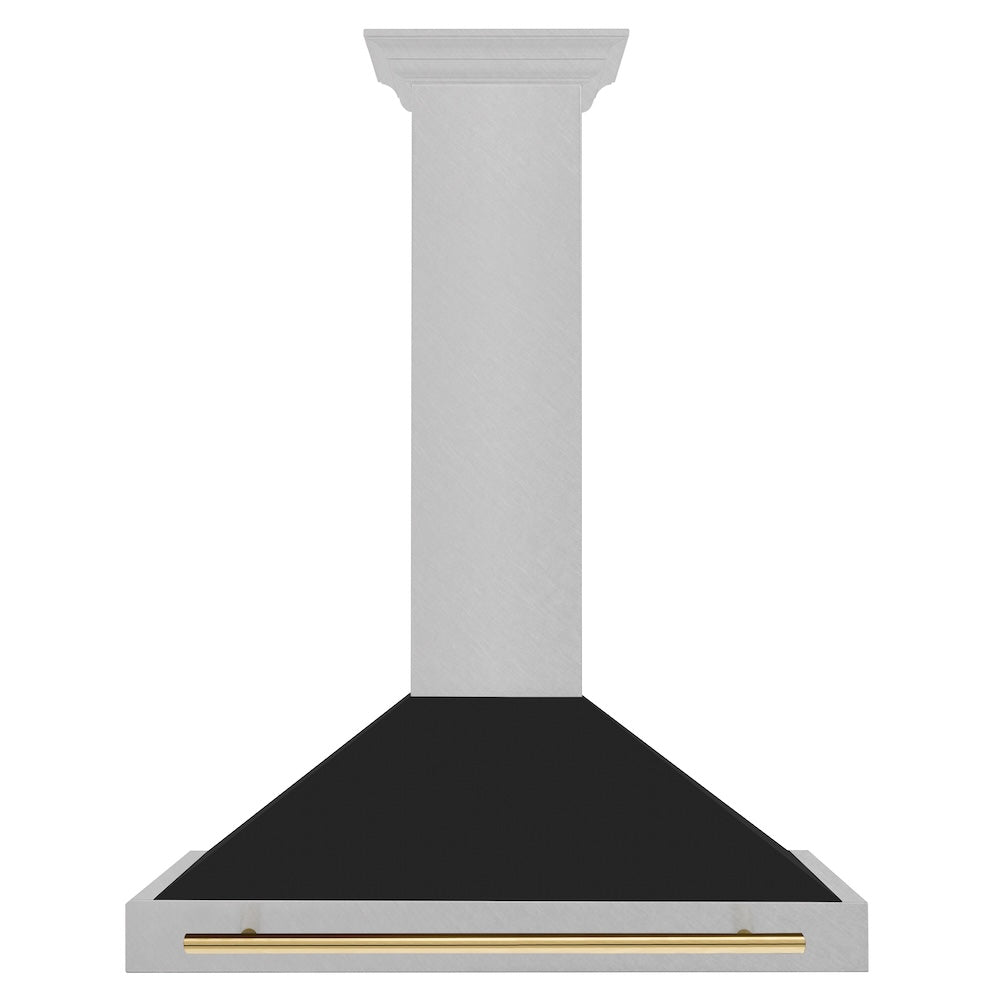 ZLINE Autograph Edition 36-inch range hood in satin stainless steel and polished gold accents KB4SNZ-BLM36-G, front view