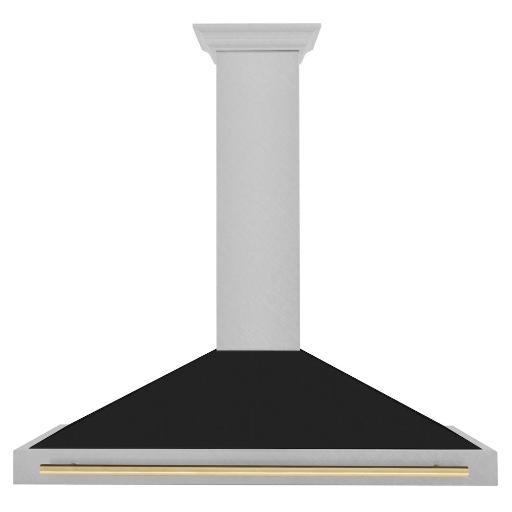 ZLINE Autograph Edition 48-inch range hood in satin stainless steel and champagne bronze accents KB4SNZ-BLM48-CB, front view