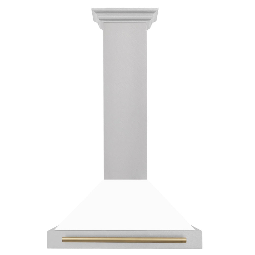 ZLINE Autograph Edition 30-inch range hood in satin stainless steel and champagne bronze accents KB4SNZ-WM30-CB, front view