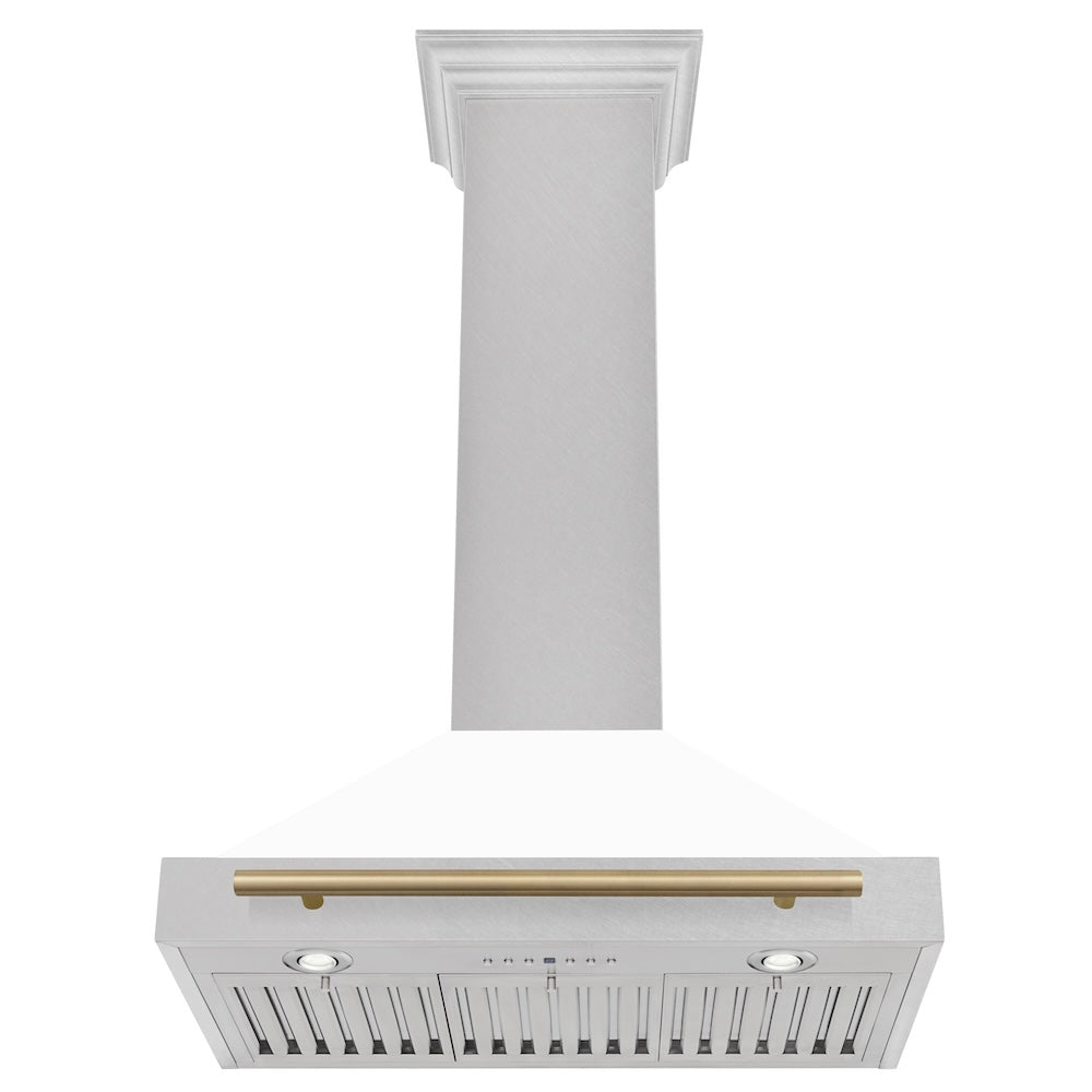 ZLINE Autograph Edition 30-inch range hood in satin stainless steel and champagne bronze accents KB4SNZ-WM30-CB, view 4