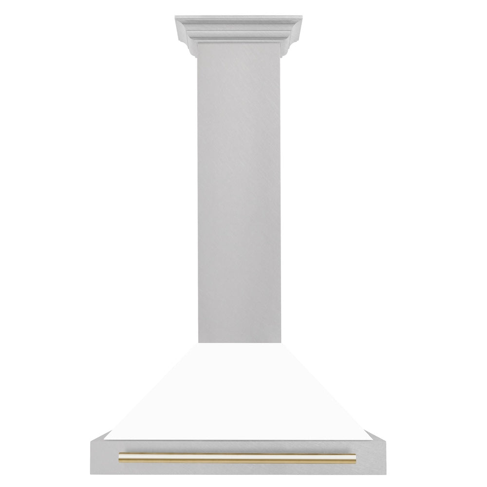 ZLINE Autograph Edition 30-inch range hood in satin stainless steel and polished gold accents KB4SNZ-WM30-G, front view