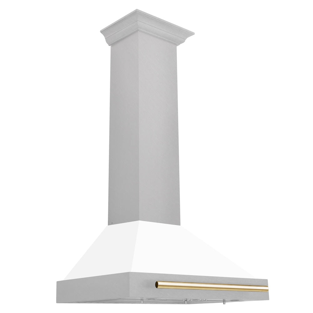 ZLINE Autograph Edition 30-inch range hood in satin stainless steel and polished gold accents KB4SNZ-WM30-G