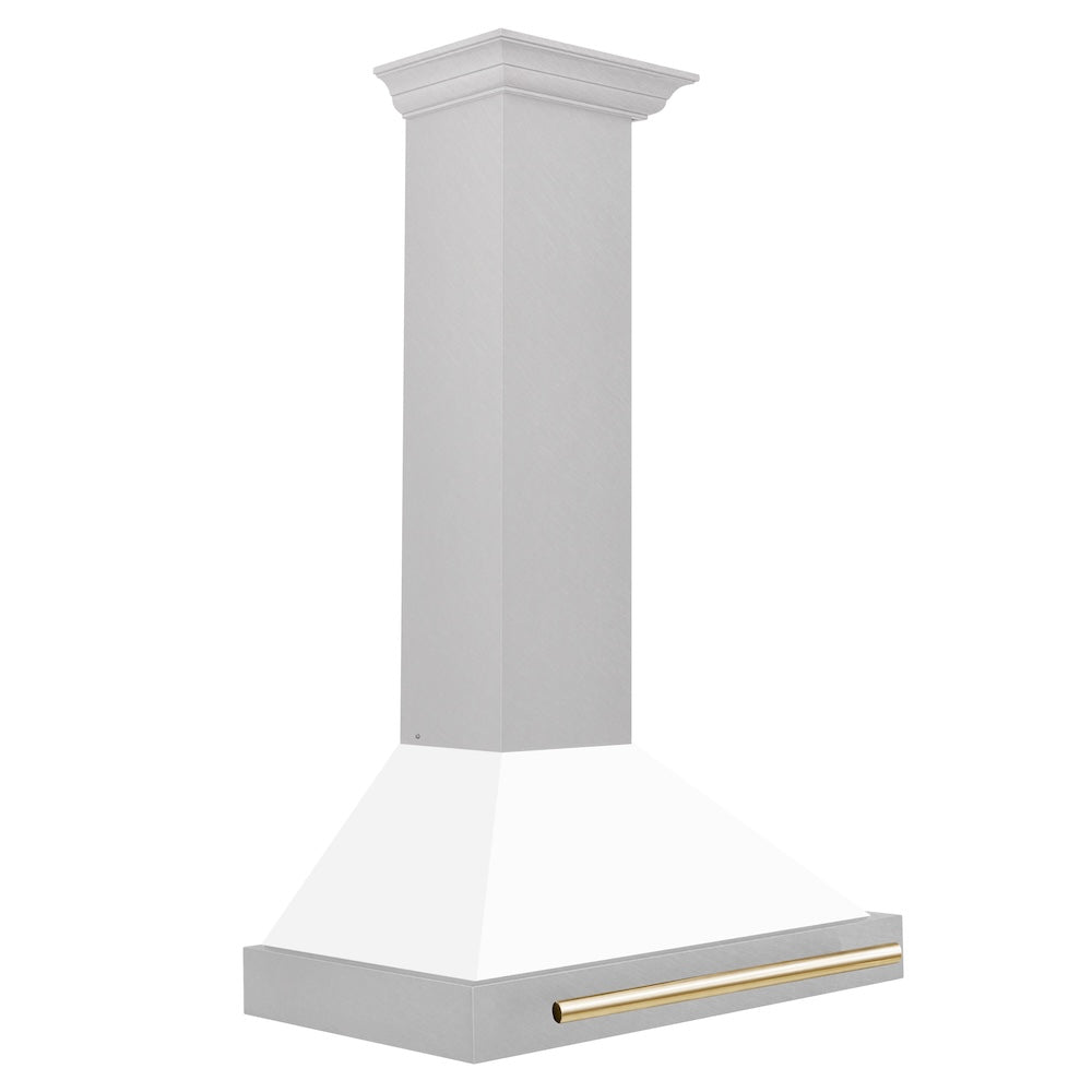ZLINE Autograph Edition 30-inch range hood in satin stainless steel and polished gold accents KB4SNZ-WM30-G, side view