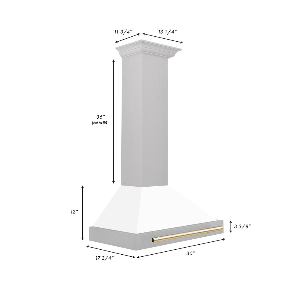 ZLINE Autograph Edition 30-inch range hood in satin stainless steel and polished gold accents KB4SNZ-WM30-G, view 6