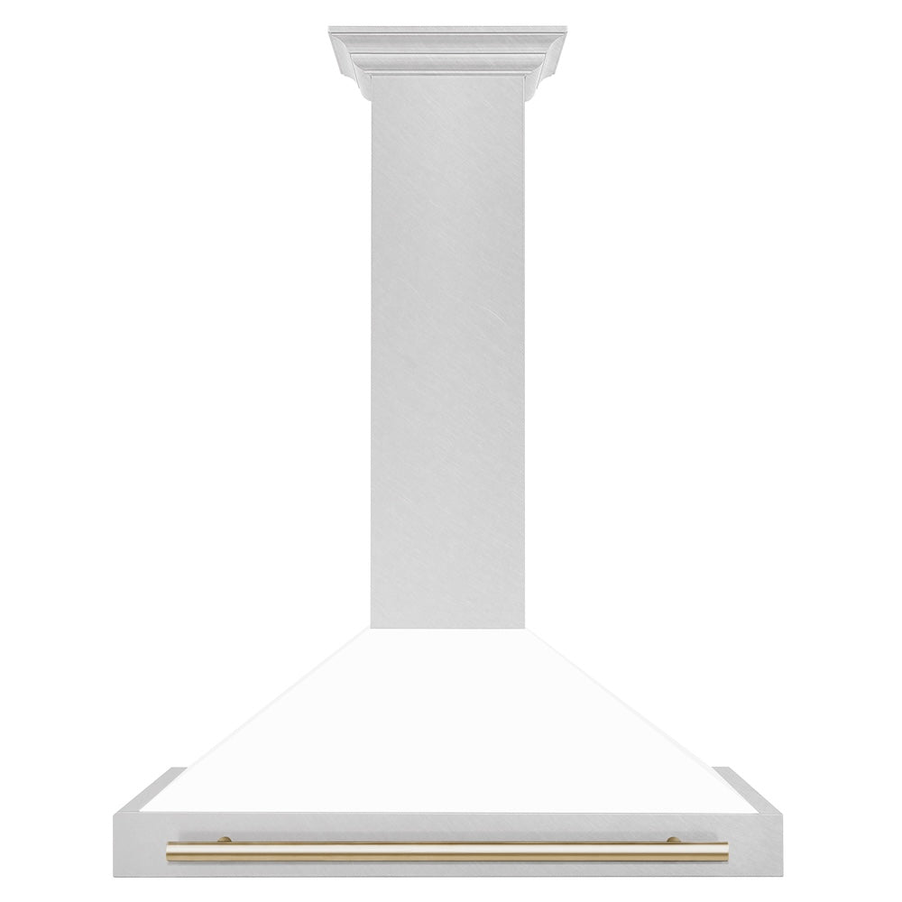 ZLINE Autograph Edition 36-inch range hood in satin stainless steel and polished gold accents KB4SNZ-WM36-G, front view