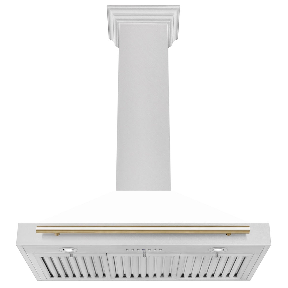 ZLINE Autograph Edition 36-inch range hood in satin stainless steel and polished gold accents KB4SNZ-WM36-G, view 3