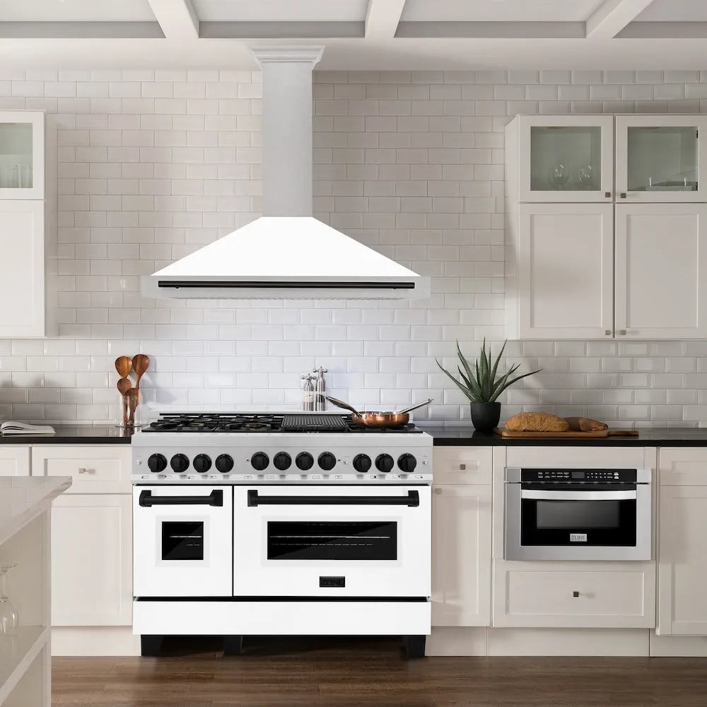 ZLINE Autograph Edition 48-inch range hood in satin stainless steel and matte black accents KB4SNZ-WM48-MB, view 2
