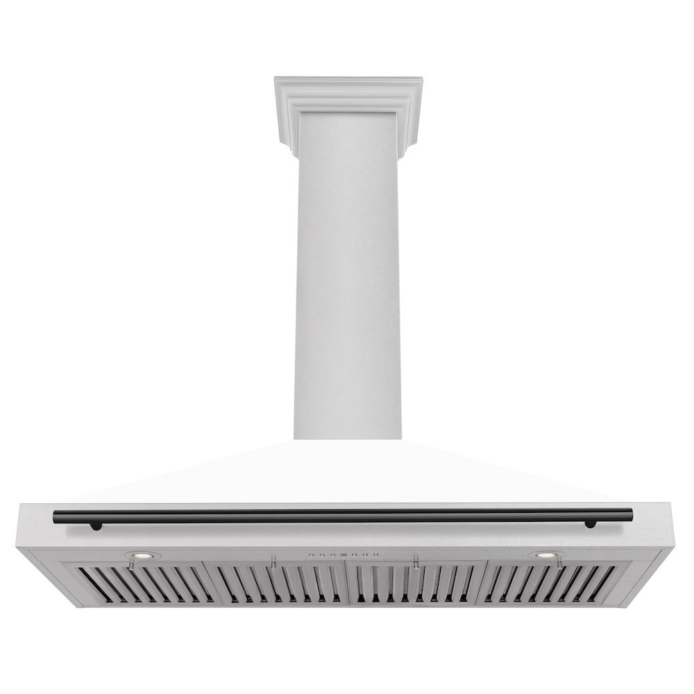 ZLINE Autograph Edition 48-inch range hood in satin stainless steel and matte black accents KB4SNZ-WM48-MB, view 3