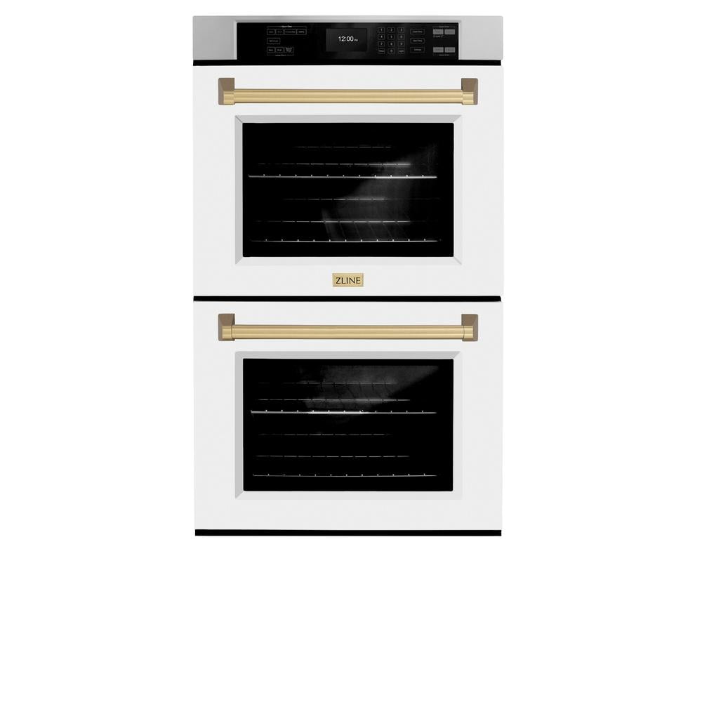 ZLINE Autograph Edition Professional 30-inch wall oven in stainless steel with white matte door and champagne bronze accents WADZ-WM-30-CB, front view