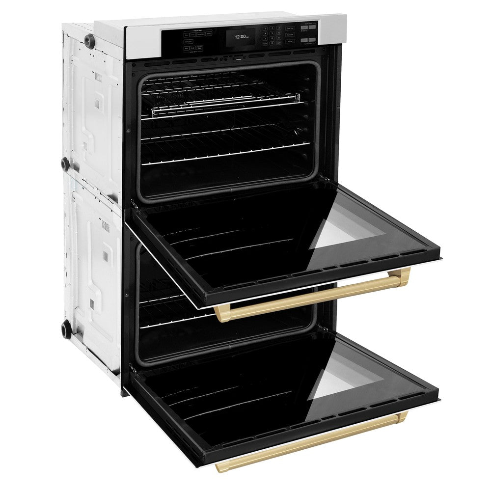 ZLINE Autograph Edition Professional 30-inch wall oven in stainless steel with white matte door and champagne bronze accents WADZ-WM-30-CB, door open