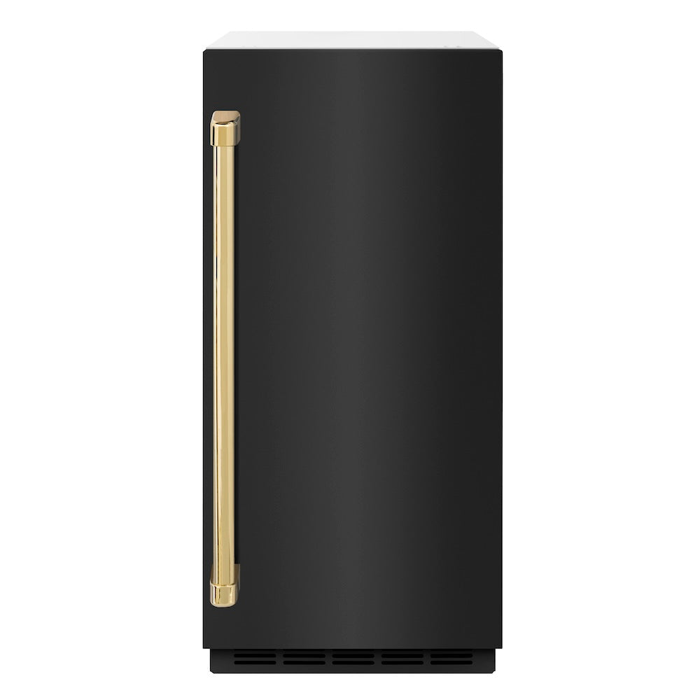 ZLINE Autograph Edition Touchstone 15-inch ice maker in black stainless steel and polished gold accents ICCDZ-BS-15-G