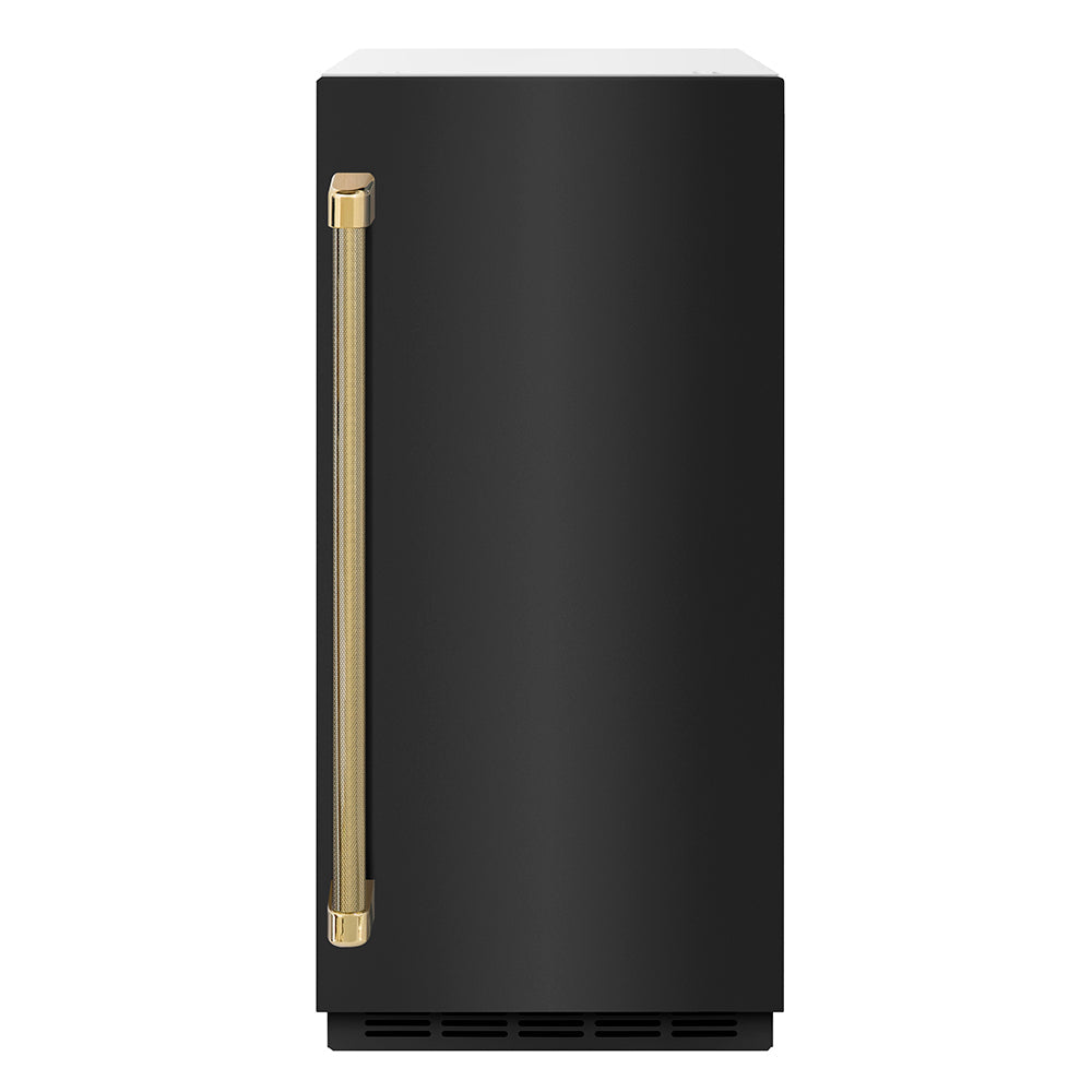 ZLINE Autograph Edition Touchstone 15-inch ice maker in black stainless steel and polished gold accents ICCDZ-BS-15-KG