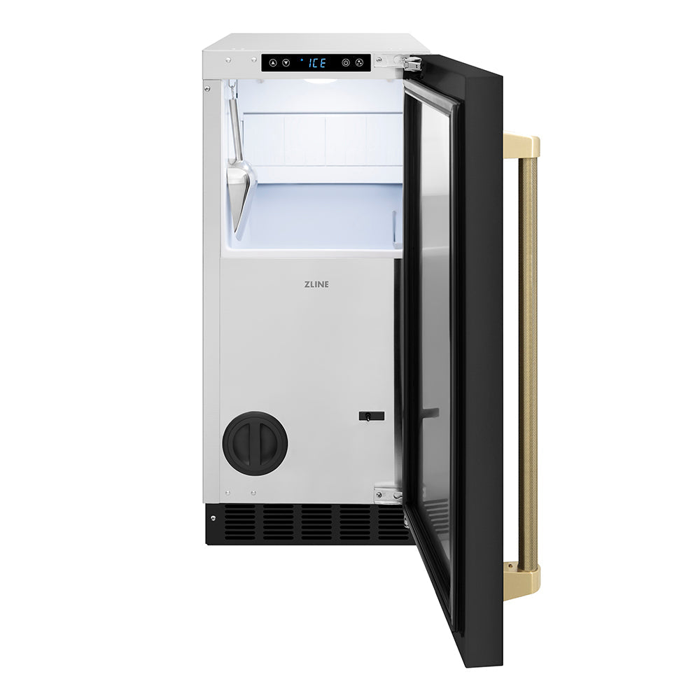 ZLINE Autograph Edition Touchstone 15-inch ice maker in black stainless steel and champagne bronze accents IGMDZ-BS-15-KCB, front view
