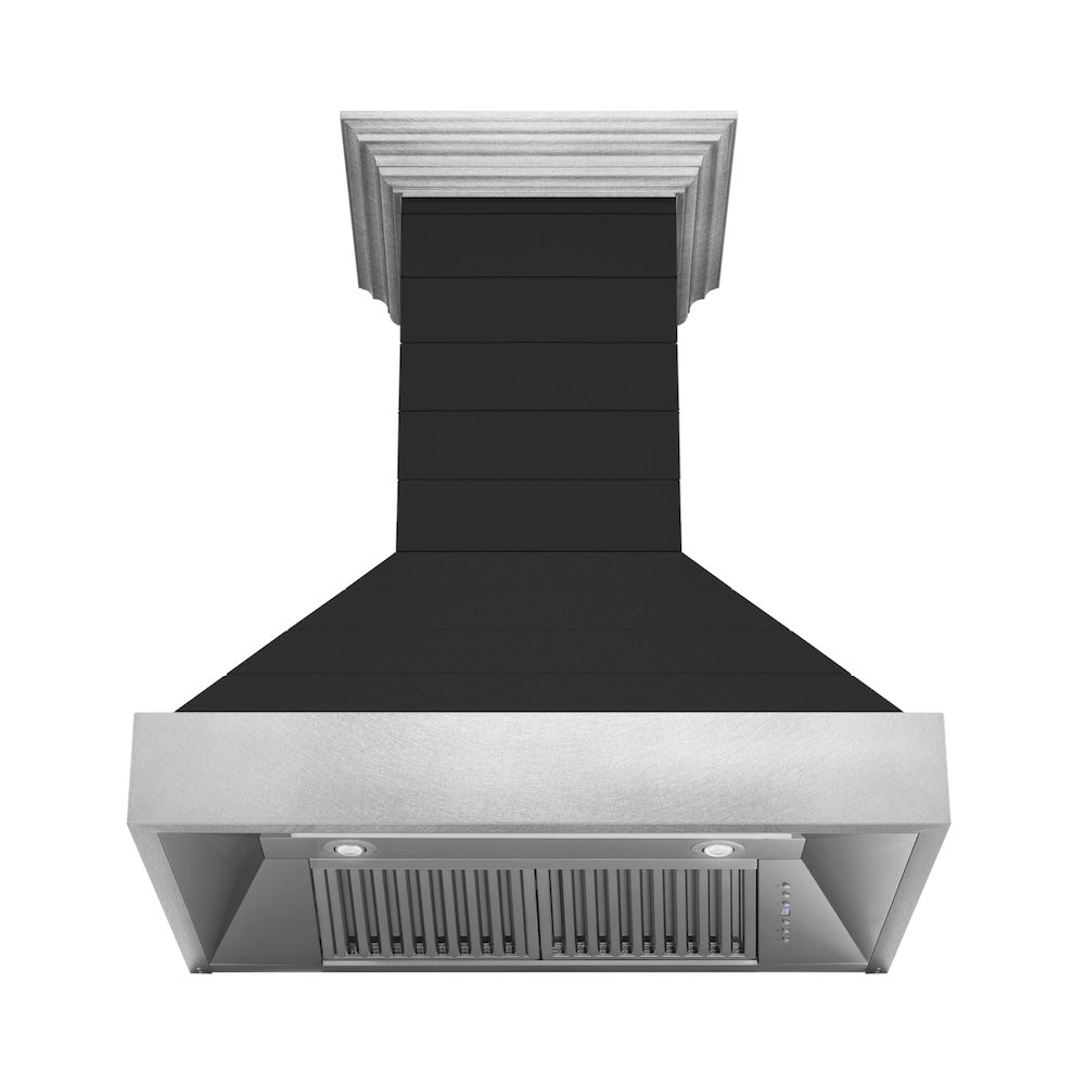 ZLINE Wooden 36-inch range hood in rustic shiplap black 365CC-36, front view