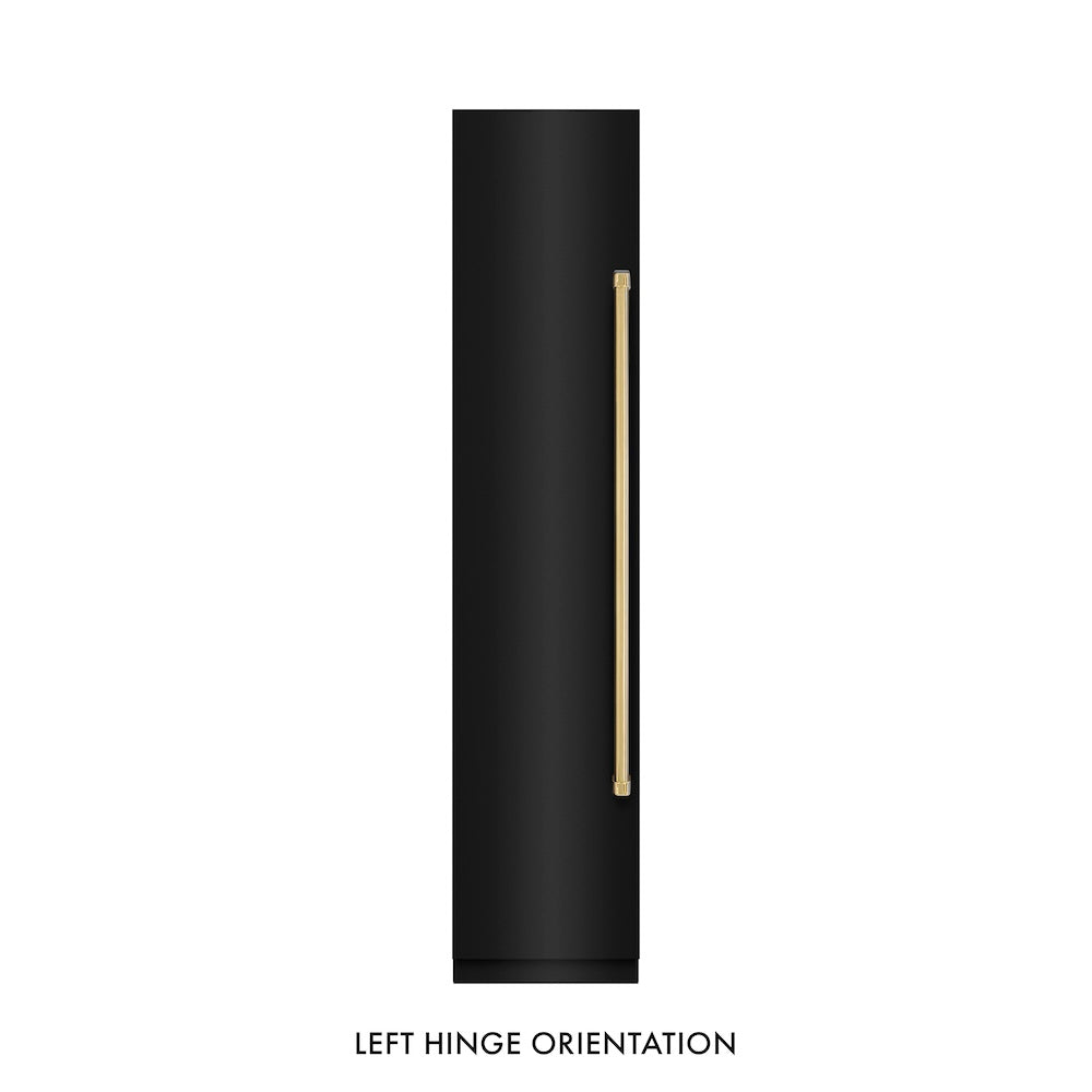 ZLINE Autograph Edition 18-inch freezer in black stainless steel with graphite gray interior and polished gold accents RCFVLZ-BS-18-G, front view