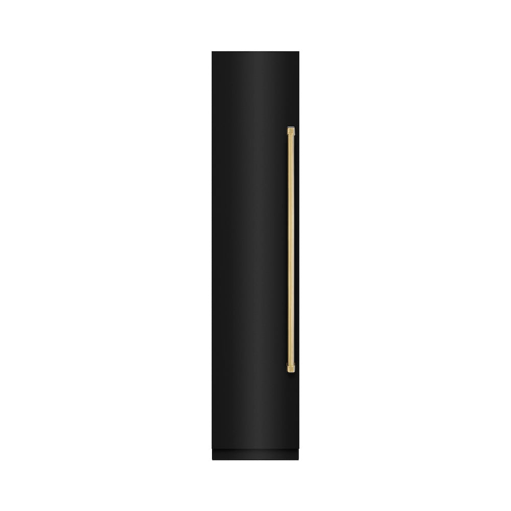 ZLINE Autograph Edition 18-inch freezer in black stainless steel with graphite gray interior and polished gold accents RCFVLZ-BS-18-G, front view