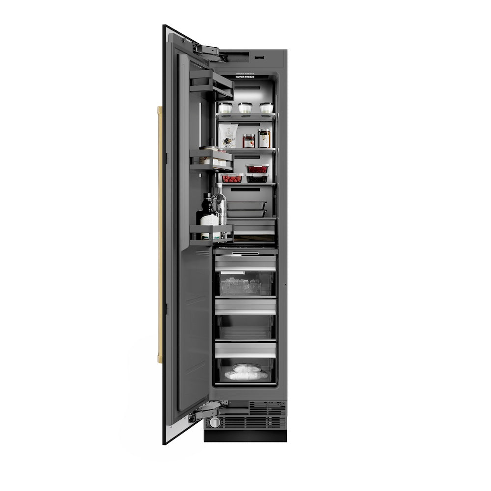 ZLINE Autograph Edition 18-inch freezer in black stainless steel with graphite gray interior and polished gold accents RCFVLZ-BS-18-G, front view