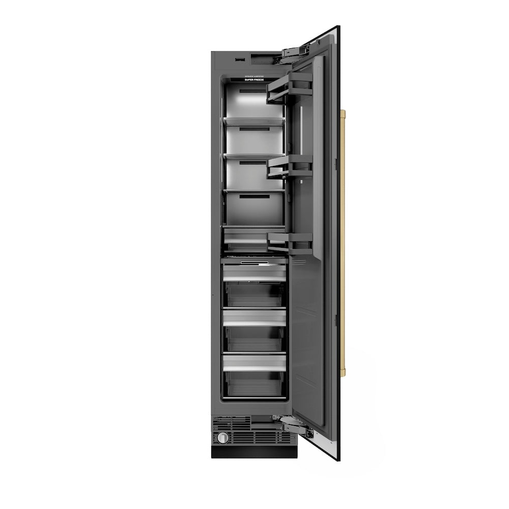 ZLINE Autograph Edition 18-inch freezer in black stainless steel with graphite gray interior and champagne bronze accents RCFVRZ-BS-18-CB
