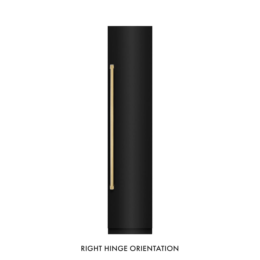ZLINE Autograph Edition 18-inch freezer in black stainless steel with graphite gray interior and polished gold accents RCFVRZ-BS-18-G, front view