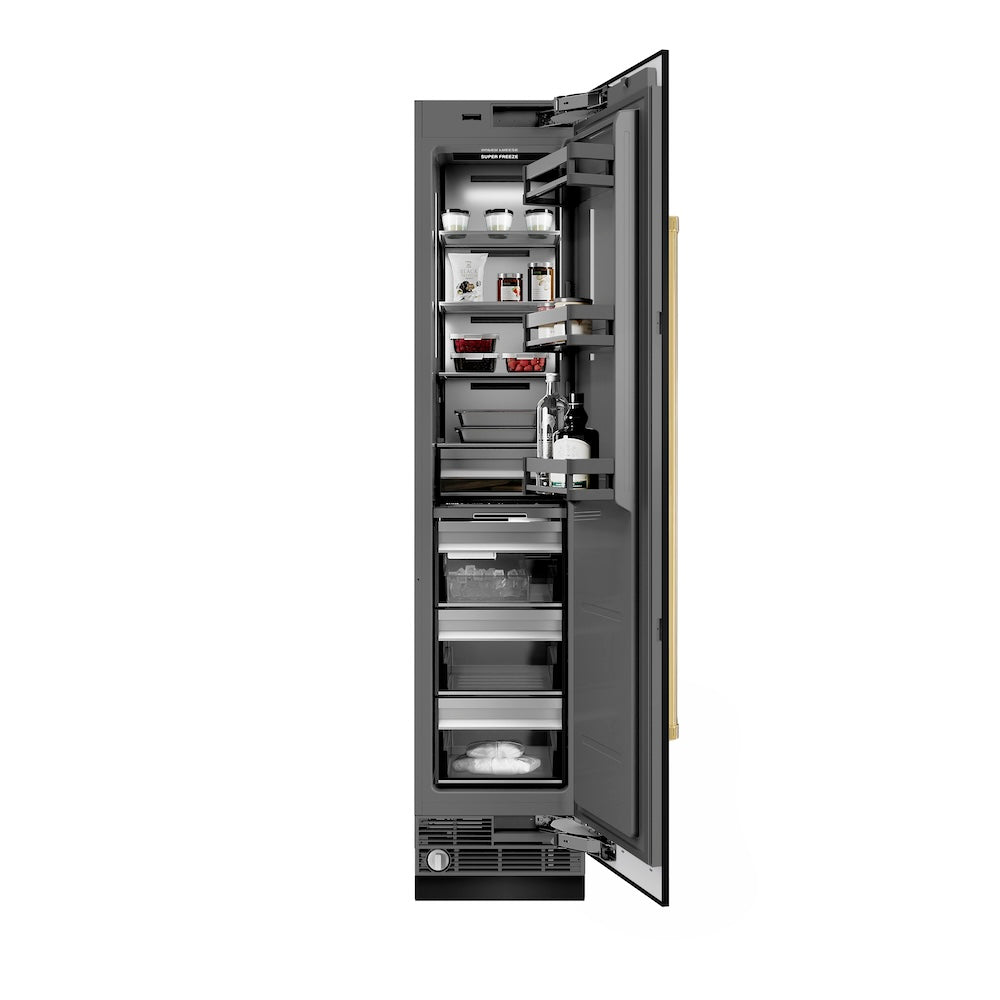 ZLINE Autograph Edition 18-inch freezer in black stainless steel with graphite gray interior and polished gold accents RCFVRZ-BS-18-G, front view
