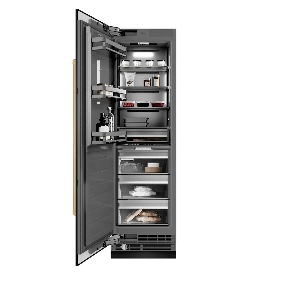 ZLINE Autograph Edition 24-inch freezer in black stainless steel with graphite gray interior and champagne bronze accents RCFVZ-BS-24-CB, front view