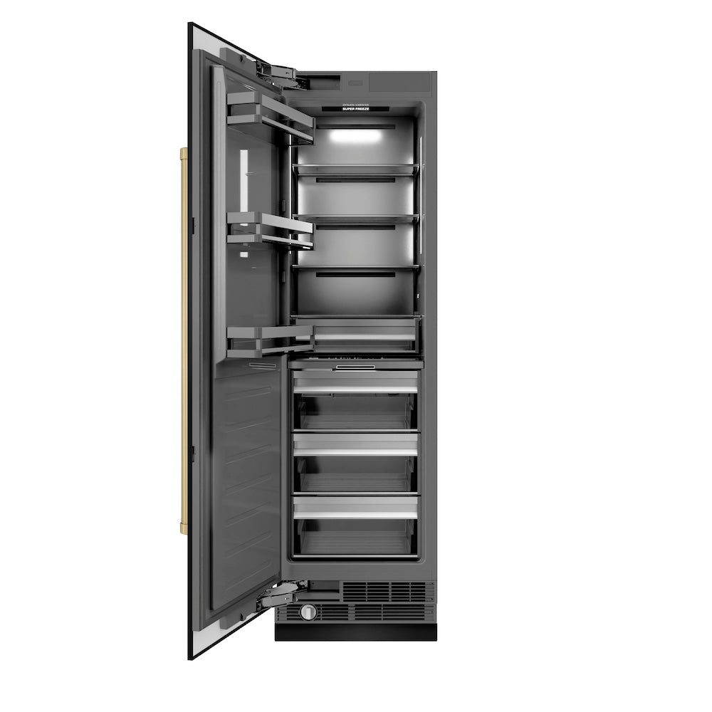 ZLINE Autograph Edition 24-inch freezer in black stainless steel with graphite gray interior and champagne bronze accents RCFVZ-BS-24-CB