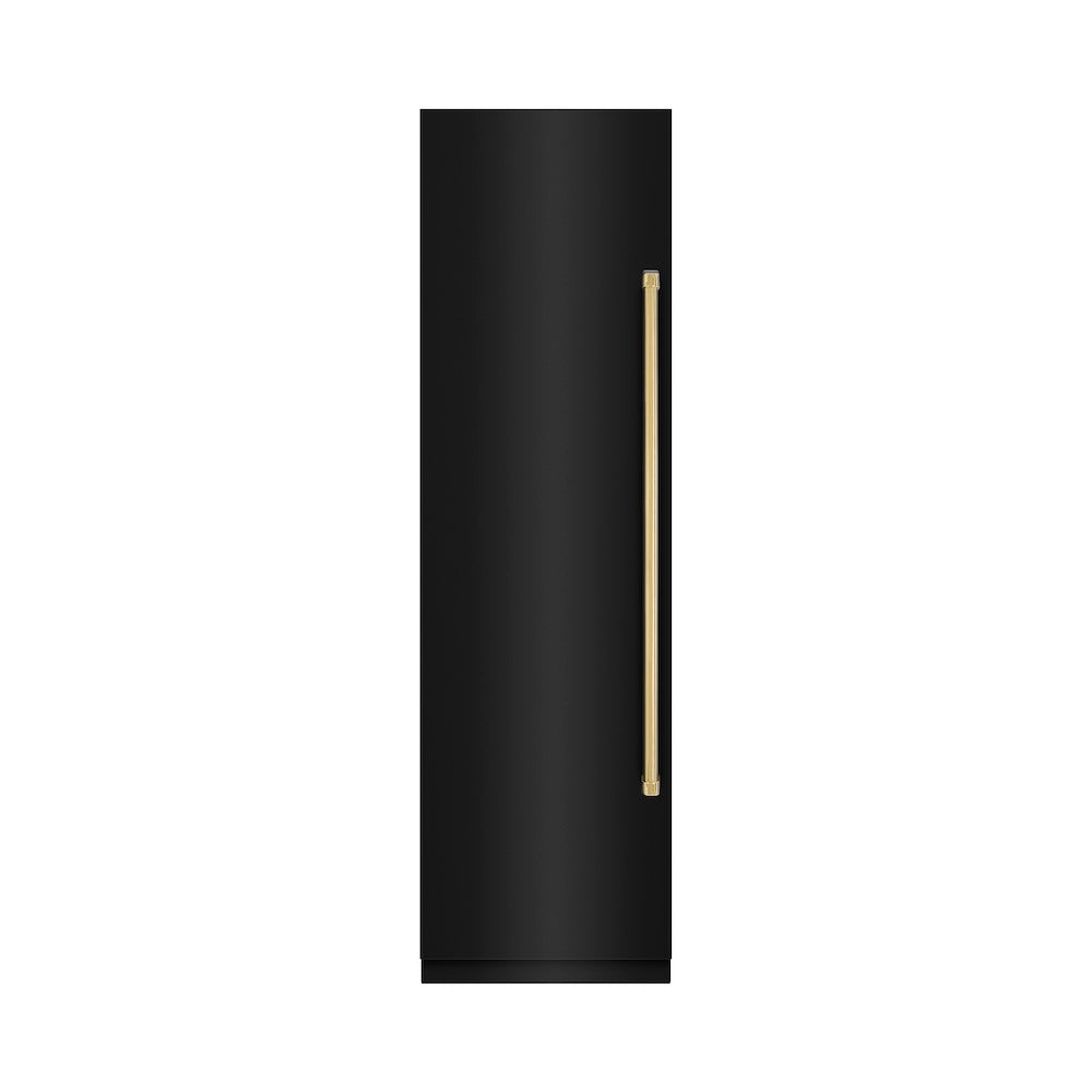 ZLINE Autograph Edition 24-inch freezer in black stainless steel with graphite gray interior and polished gold accents RCFVZ-BS-24-G, front view
