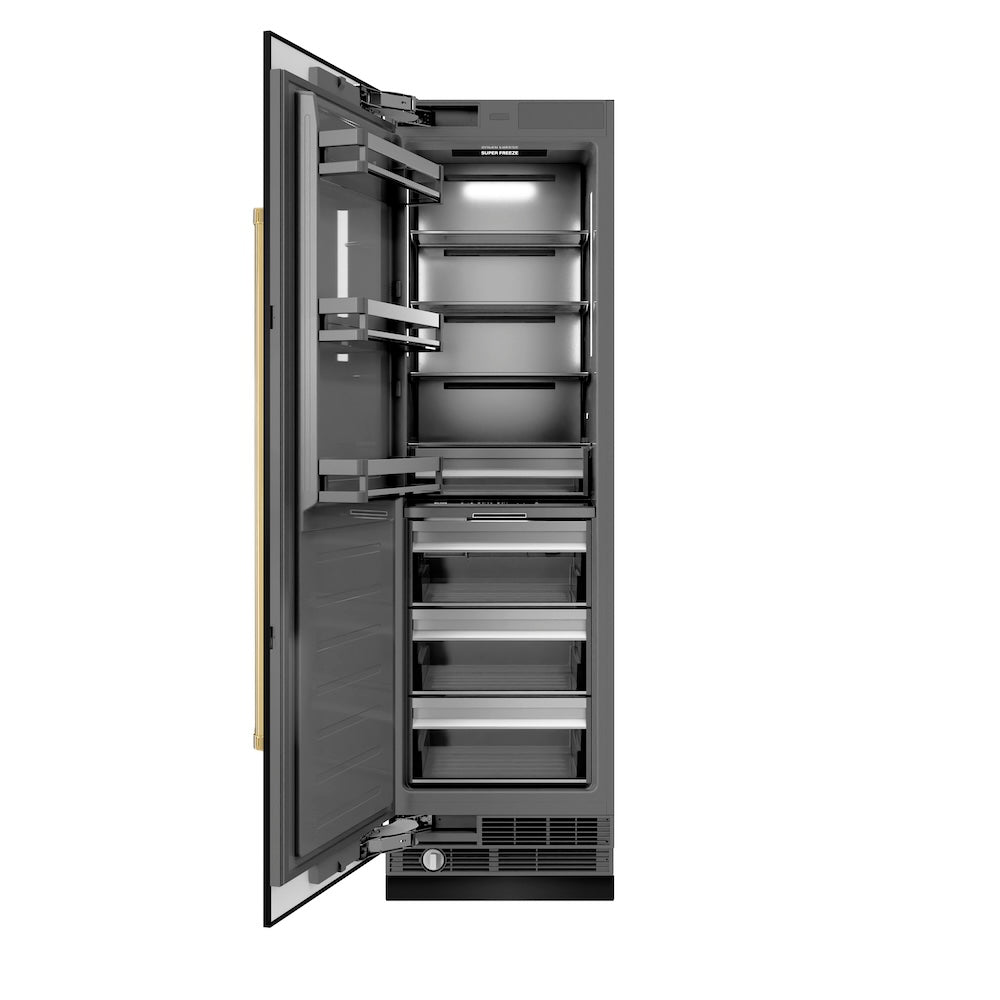 ZLINE Autograph Edition 24-inch freezer in black stainless steel with graphite gray interior and polished gold accents RCFVZ-BS-24-G
