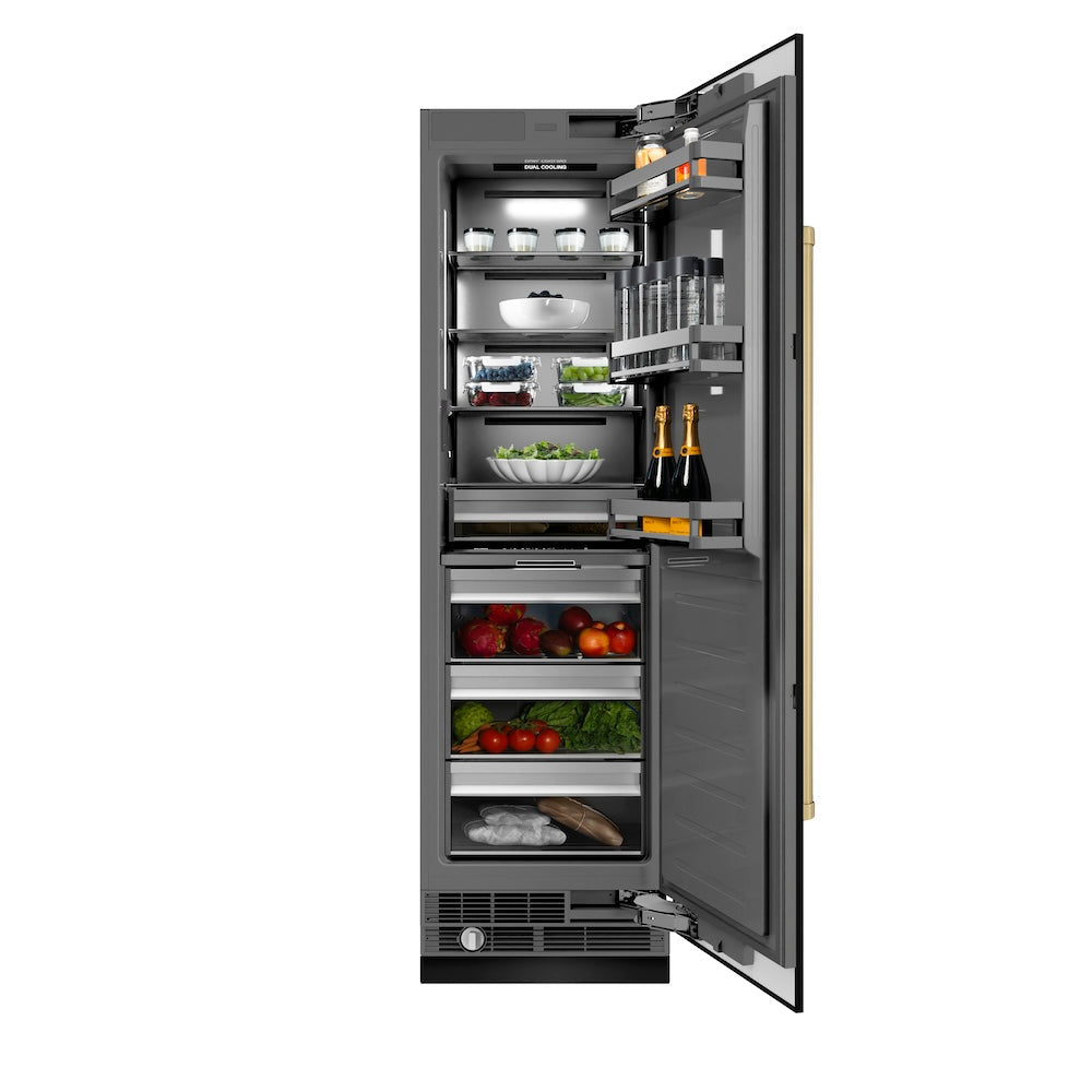 ZLINE Autograph Edition 24-inch refrigerator in black stainless steel with graphite gray interior and champagne bronze accents RCRVZ-BS-24-CB, front view