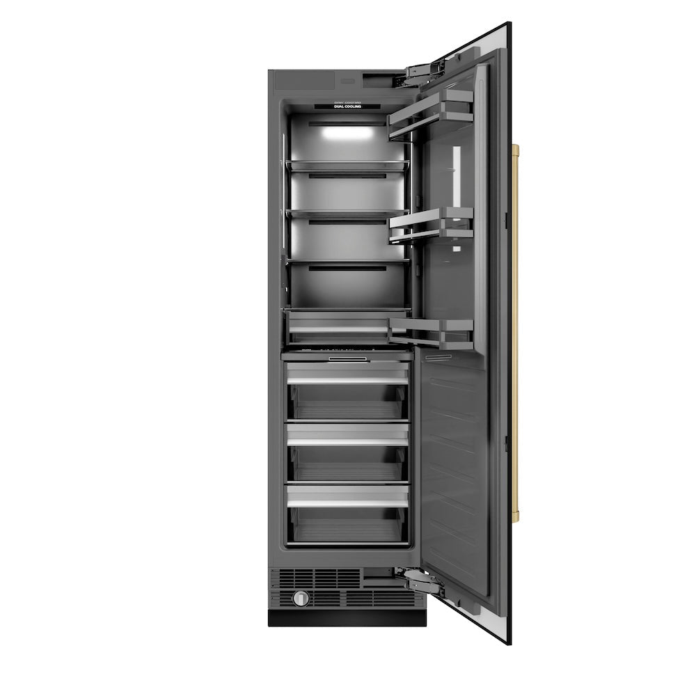 ZLINE Autograph Edition 24-inch refrigerator in black stainless steel with graphite gray interior and champagne bronze accents RCRVZ-BS-24-CB